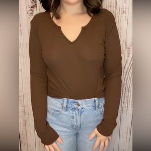 Brown Ribbed Long Sleeve Top